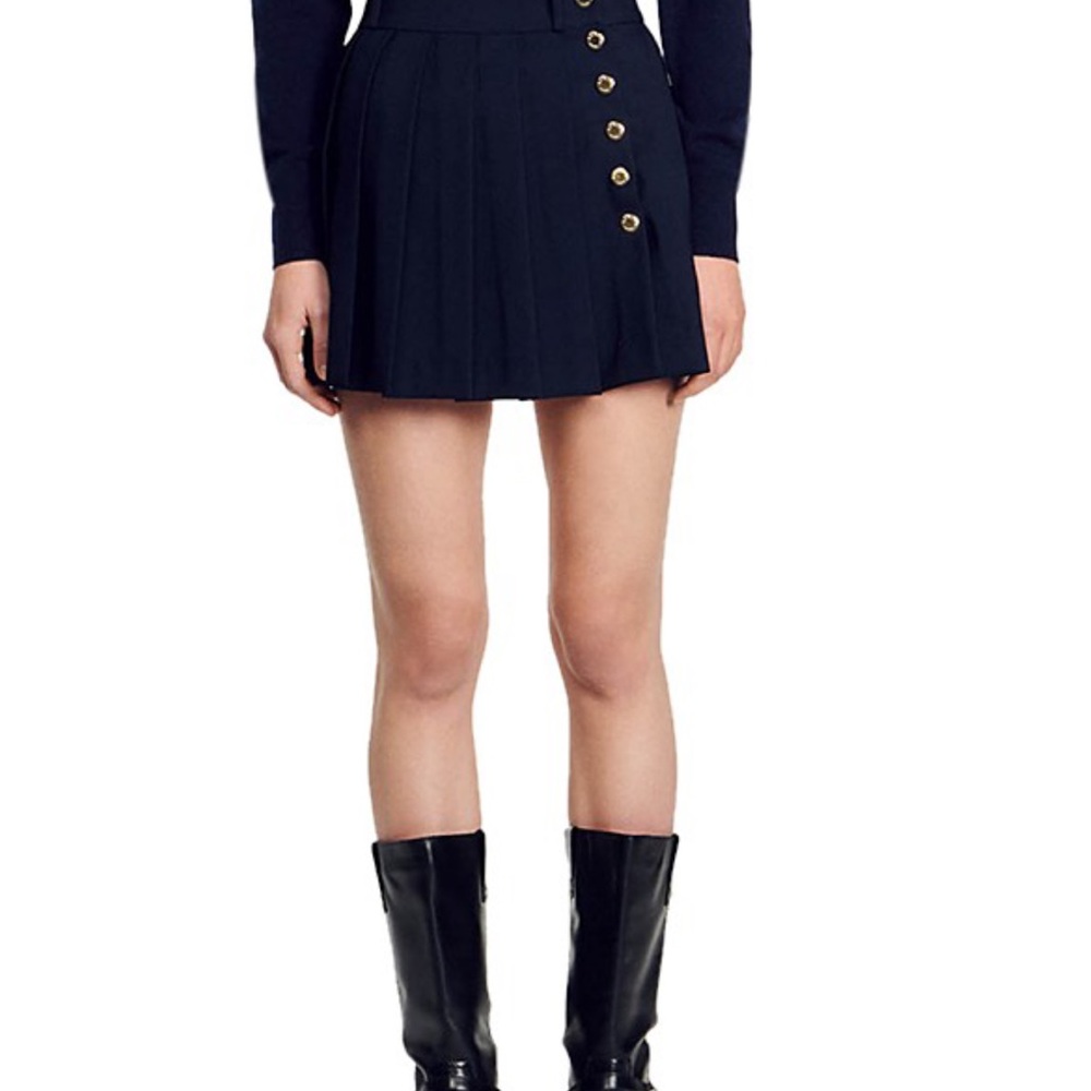 Sandro Navy Mini Skirt with Gold Button Detail
